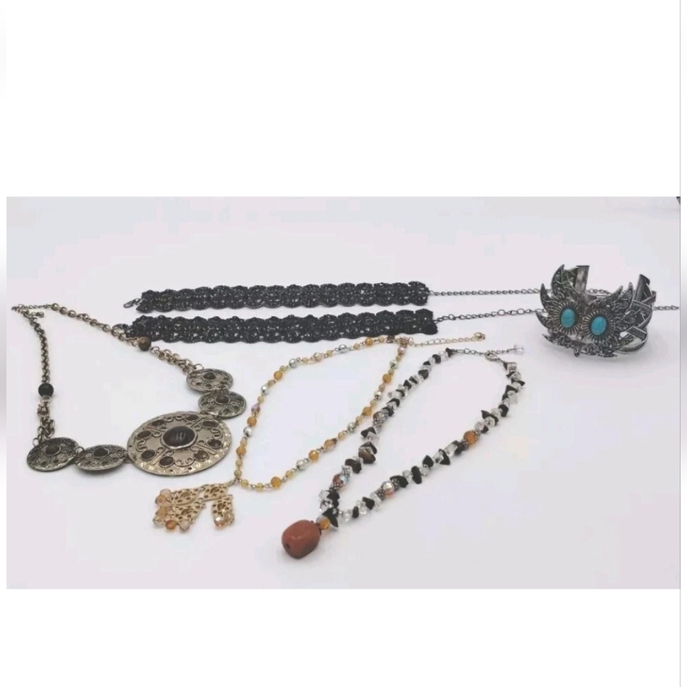 Jewelry Lot Owl Bangle Bracelet, Two Chokers, Three Necklaces